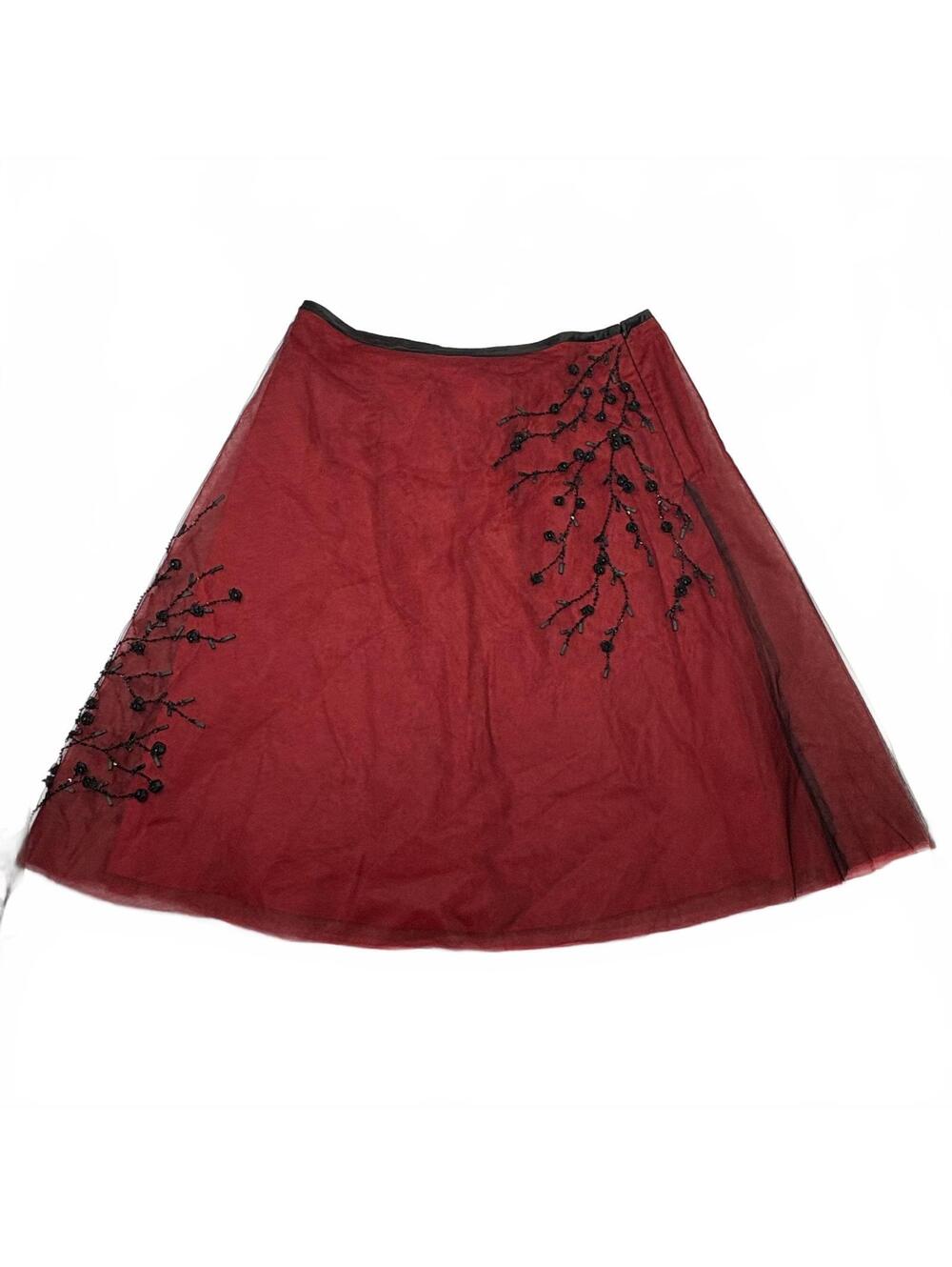 Victor Costa Red Mesh Embroidered Skirt